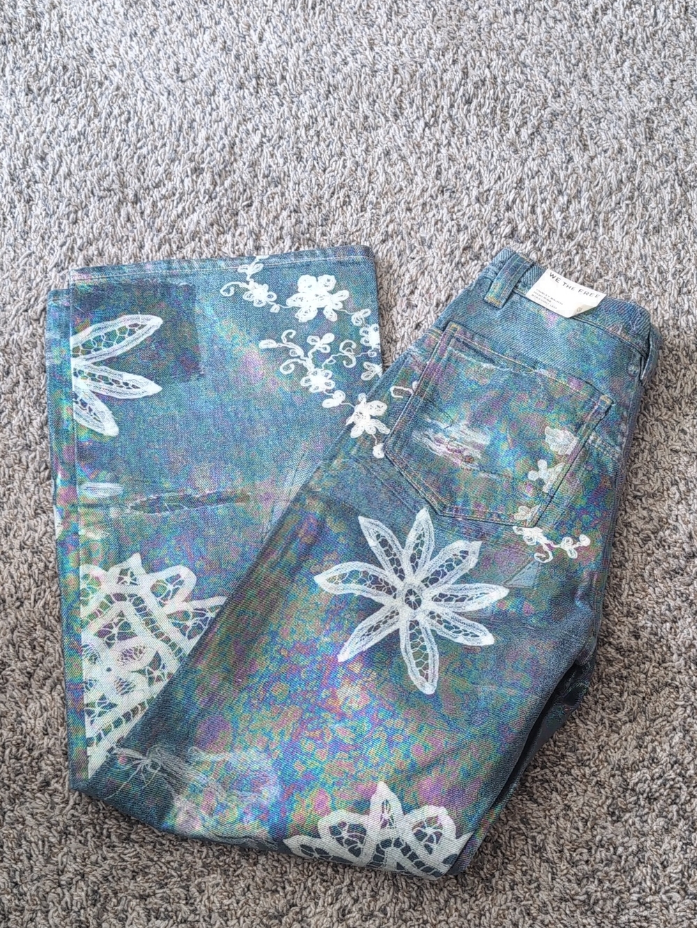 NWT Free People Tinsley Blue Floral High-Rise Printed Jeans - Picture 8 of 9